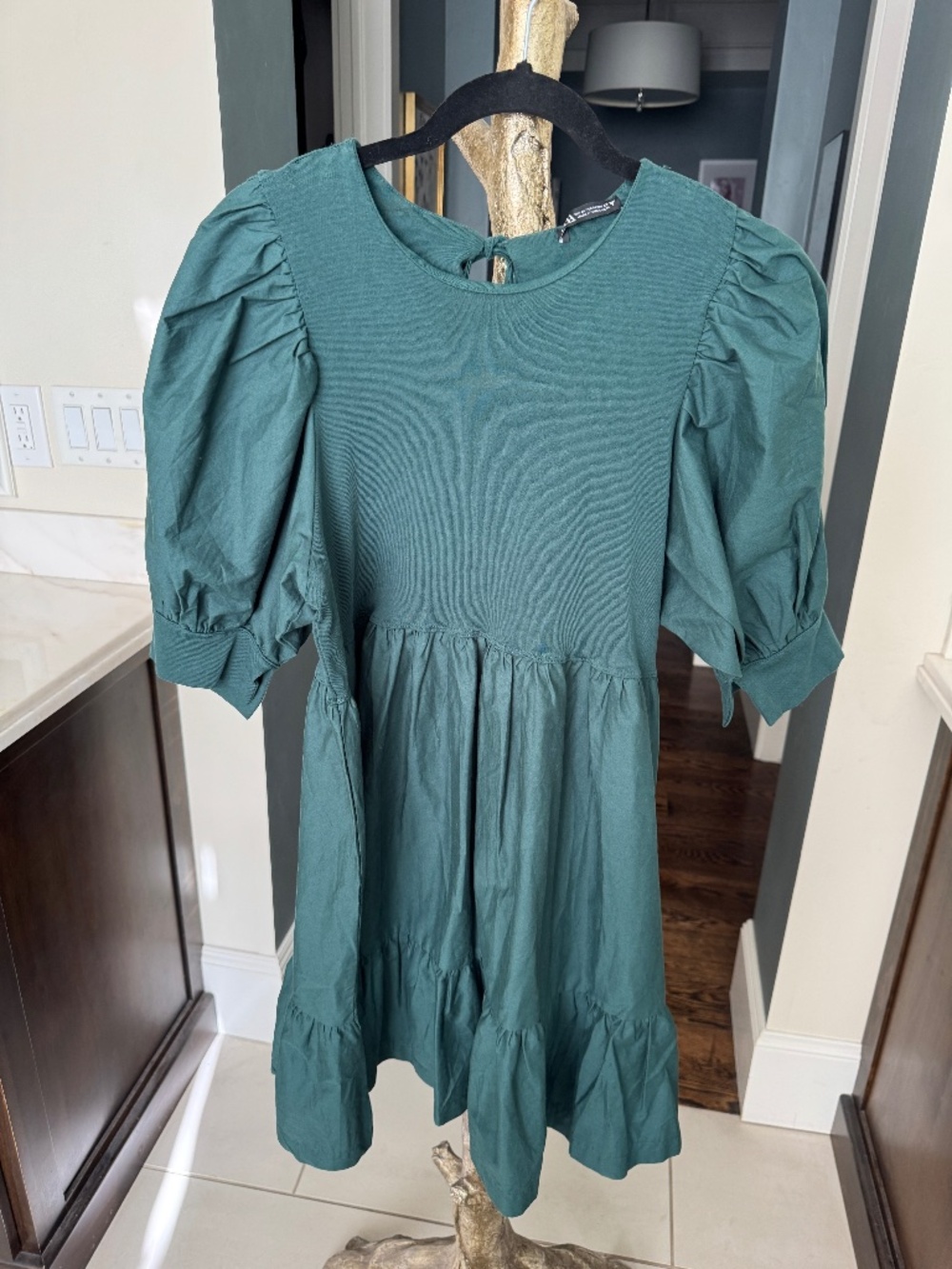 Green Zara ruffled puff sleeved midi dress